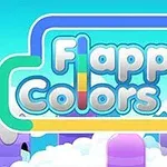 Színes, buborékszerű Flappy Colors felirat kék háttér előtt, színes csövekkel körülvéve, felhőkön és hegyeken
