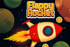 Egy piros-fehér rakéta repül az űrben, bolygók és aranyérmék között, a Flappy Rocket felirat alatt