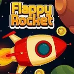 Egy piros-fehér rakéta repül az űrben, bolygók és aranyérmék között, a Flappy Rocket felirat alatt