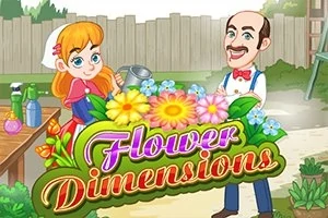 Egy piros ruhás lány locsolókannát tart a kezében egy kertben, mellette egy bajuszos férfi mosolyog, miközben a kép előterében színes virágok és a Flower Dimensions felirat látható