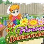 Egy piros ruhás lány locsolókannát tart a kezében egy kertben, mellette egy bajuszos férfi mosolyog, miközben a kép előterében színes virágok és a Flower Dimensions felirat látható
