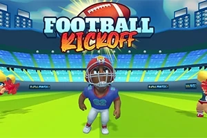 Rajzfilm stílusú amerikai focista játékos kék-fehér mezben egy stadionban, háttérben a Football Kickoff felirattal