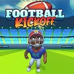 Rajzfilm stílusú amerikai focista játékos kék-fehér mezben egy stadionban, háttérben a Football Kickoff felirattal