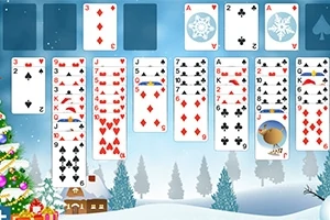 Kártyapakli játék téli tájjal a háttérben és karácsonyi fa díszítéssel