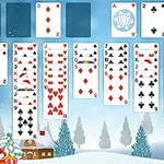Kártyapakli játék téli tájjal a háttérben és karácsonyi fa díszítéssel