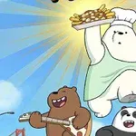Három rajzfilmfigura, egy jegesmedve szakácssapkában sült krumplit emel a magasba, egy barna medve gitárral, és egy pandamedve baseballkesztyűvel