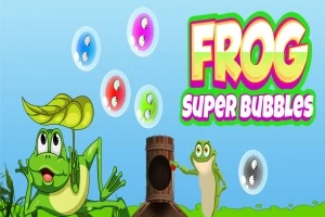 Két rajzfilmszerű béka látható buborékokkal, a háttérben Frog Super Bubbles felirat olvasható