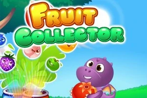 Rajzolt lila dinoszaurusz gyümölcsökkel és színes „Fruit Collector” felirat egy kék ég hátterében