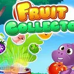 Rajzolt lila dinoszaurusz gyümölcsökkel és színes „Fruit Collector” felirat egy kék ég hátterében