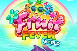Színes gyümölcsfigurák napozószemüvegben egy szivárvánnyal a háttérben, Fruit Fever World felirat előtt