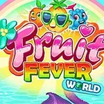 Színes gyümölcsfigurák napozószemüvegben egy szivárvánnyal a háttérben, Fruit Fever World felirat előtt