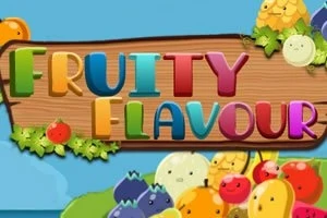 Egy színes fa tábla Fruity Flavour felirattal, körülötte vidám gyümölcsök és zöld levelek