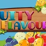 Egy színes fa tábla Fruity Flavour felirattal, körülötte vidám gyümölcsök és zöld levelek