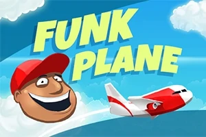 Rajzolt kép égbolt háttérrel, piros-fehér repülőgéppel és mosolygó figurával piros sapkában, „Funk Plane” felirattal
