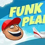 Rajzolt kép égbolt háttérrel, piros-fehér repülőgéppel és mosolygó figurával piros sapkában, „Funk Plane” felirattal