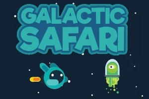 Színes rajzfilmfigura egy űrhajóval és nagy Galactic Safari felirattal egy sötét háttér előtt