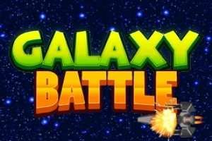 A Galaxy Battle felirat zöld és narancssárga színben az űr csillagos hátterével és egy űrhajó lövésével