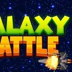 A Galaxy Battle felirat zöld és narancssárga színben az űr csillagos hátterével és egy űrhajó lövésével