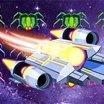 Űrhajó erős sugárzó fénnyel egy galaxis háttér előtt szemben zöld és kék robotokkal