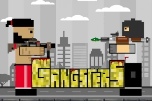 Két pixeles figura fegyverrel egy szürke, városi háttér előtt, középen a Gangsters felirattal