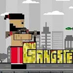 Két pixeles figura fegyverrel egy szürke, városi háttér előtt, középen a Gangsters felirattal