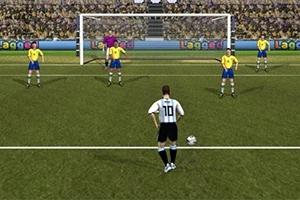 Egy futballista szabadrúgást készül elvégezni, szemben a kapu előtt álló négy játékossal és a kapussal