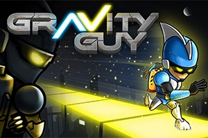 Egy futurisztikus páncélba öltözött figura fut egy sárga, világító úton egy sötét városi háttér előtt, miközben a Gravity Guy felirat látható