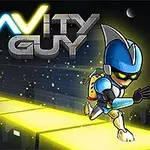 Egy futurisztikus páncélba öltözött figura fut egy sárga, világító úton egy sötét városi háttér előtt, miközben a Gravity Guy felirat látható