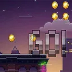Éjszakai városban játszódó pixelgrafikus jelenet, ahol egy hotdog figura aranyérméket gyűjt épületeszelvények felett, GO!