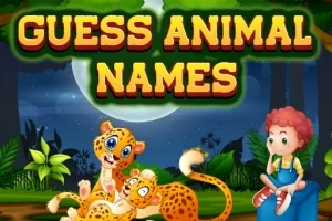 Egy rajzfilm stílusú jelenet, amelyen két kis leopárd és egy gyermek látható, trópusi erdő háttérrel, a Guess Animal Names felirattal