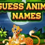 Egy rajzfilm stílusú jelenet, amelyen két kis leopárd és egy gyermek látható, trópusi erdő háttérrel, a Guess Animal Names felirattal