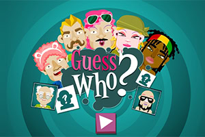 Színes, rajzolt karakterek körül csoportosulnak, a középen a Guess Who?