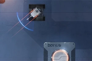 Egy szögletes, szürke felületen egy fehér, lézerrel felszerelt robot mozog, mellette egy bonus feliratú panel
