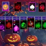 Halloween témájú kártyák és faragott töklámpások egy ködös, őszi táj előtt