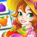 Rajzfilmszerű lány mosolyog, sapkát visel, kezében gyümölcsök, háttérben gyümölcsös csempék
