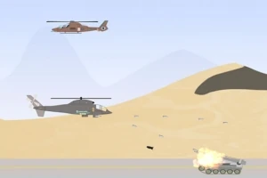 Két helikopter és egy égő tank látható egy sivatagi környezetben