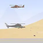 Két helikopter és egy égő tank látható egy sivatagi környezetben