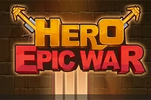 A képen egy „Hero Epic War” felirat látható sárga és piros betűkkel, hátterében kőfal mintával, keresztezett kardokkal díszítve