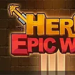 A képen egy „Hero Epic War” felirat látható sárga és piros betűkkel, hátterében kőfal mintával, keresztezett kardokkal díszítve