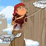 Rajzfilmstílusú római harcos ugrik egy felhők között lebegő szárnyas oszlopra, háttérben hegyek és templomok