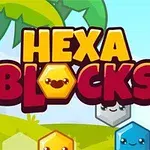 Színes, mosolygó hatszögletű blokkok egy trópusi háttérrel és a Hexa Blocks felirat középen