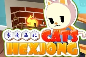 Rajzolt macska karakter áll kandalló előtt, CATS HEXJONG felirat a képen
