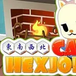 Rajzolt macska karakter áll kandalló előtt, CATS HEXJONG felirat a képen