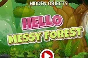 Rajzolt erdős háttér Hello Messy Forest felirattal és lejátszás gombbal