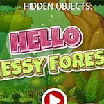 Rajzolt erdős háttér Hello Messy Forest felirattal és lejátszás gombbal