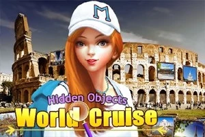 Egy vörös hajú, sapkát viselő lány illusztrációja, háttérben a Colosseummal, és Hidden Objects World Cruise felirat