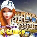 Egy vörös hajú, sapkát viselő lány illusztrációja, háttérben a Colosseummal, és Hidden Objects World Cruise felirat