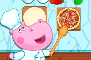 Egy rajzfilm stílusú víziló séf ruhában, kanállal a kezében, pizzasütés közben