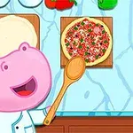 Egy rajzfilm stílusú víziló séf ruhában, kanállal a kezében, pizzasütés közben