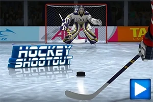 Egy jégkorongozó készül lőni egy korongot a kapus felé a jégen, miközben a Hockey Shootout felirat látható